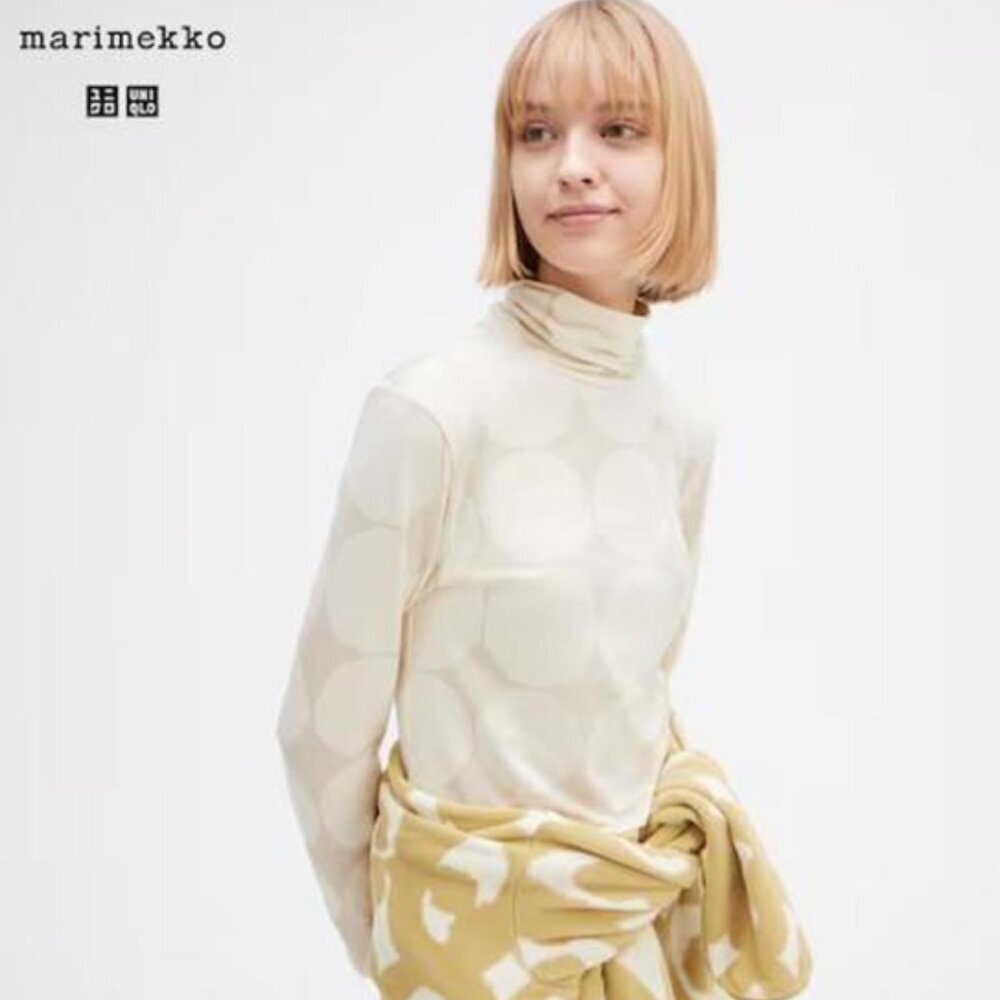 NWT Uniqlo x Marimekko HEATTECH Turtleneck Long Sleeve T-Shirt Beige White Kivet